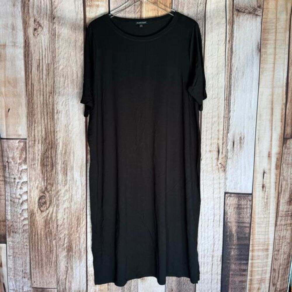 Eileen Fisher Dress Black Midi‎ XL Short Sleeve Relaxed Fit Comfortable Classic